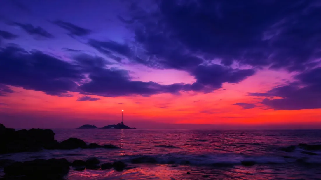 3k灯塔壁纸｜夕阳海滩背景图片 - 海边日落晚霞盛景「哲风壁纸」