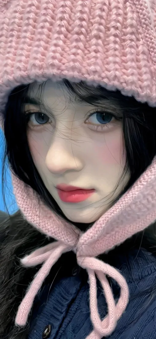 戴粉色毛线帽美女手机壁纸｜人像写真背景图片 - 甜美可爱穿搭「哲风壁纸」