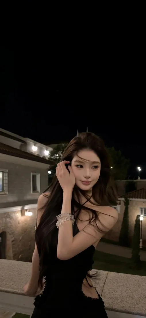 长发美女手机壁纸｜夜晚户外背景图片 - 微风氛围感写真「哲风壁纸」