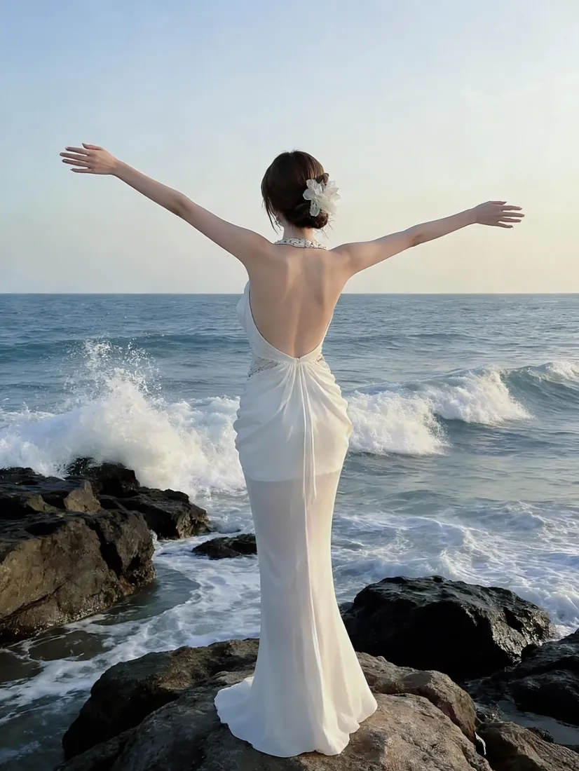 露背婚纱美女手机壁纸｜海边礁石背景图片 - 氛围感人像「哲风壁纸」