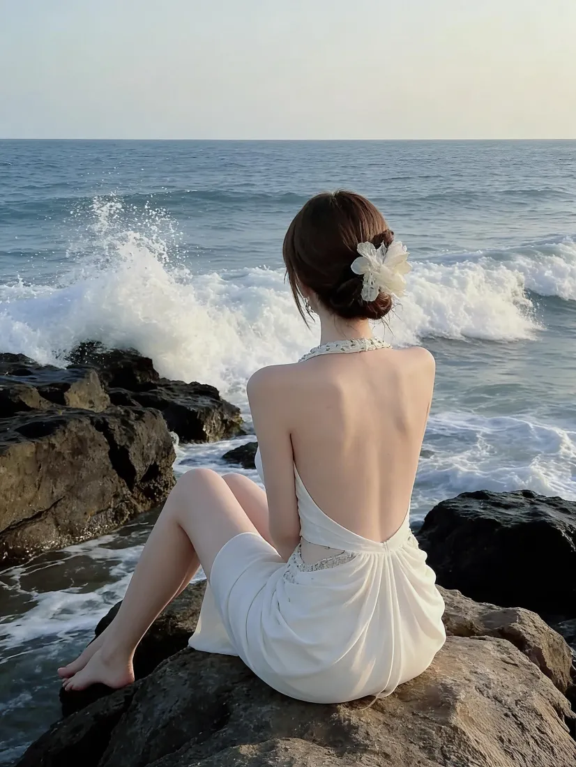 海边露背白裙少女手机壁纸｜礁石海浪背景图片 - 治愈氛围感「哲风壁纸」