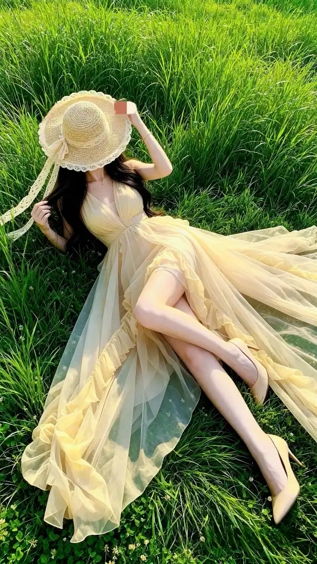 黄裙美女手机壁纸｜青草地背景图片 - 夏日户外写真「哲风壁纸」