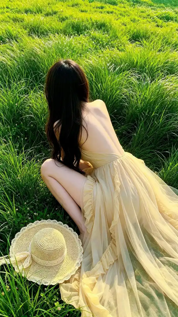 长发少女手机壁纸｜青草地背景图片 - 草帽长裙治愈氛围感「哲风壁纸」