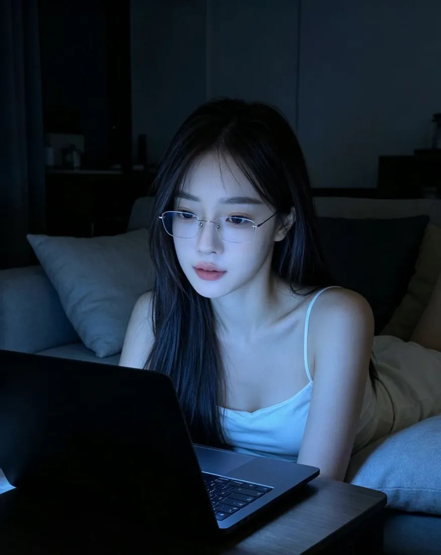 戴眼镜长发女生手机壁纸｜居家使用电脑背景图片 - 冷调质感「哲风壁纸」