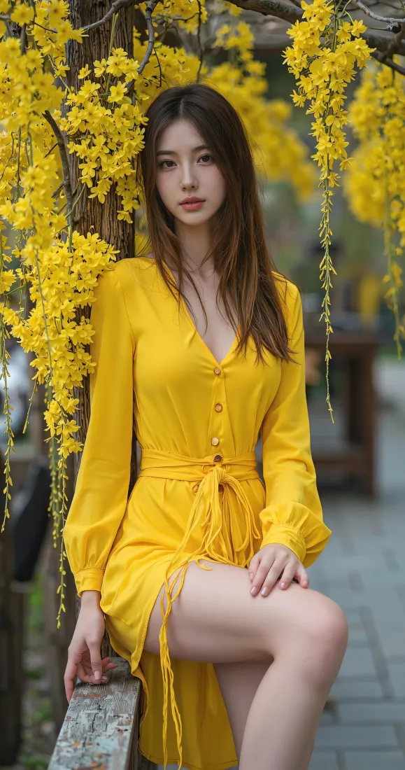 黄裙美女手机壁纸｜黄花户外背景图片 - 时尚氛围感人像「哲风壁纸」