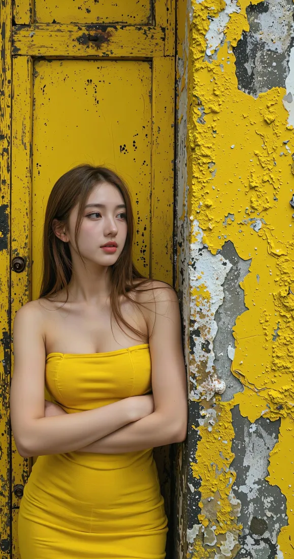 黄裙美女手机壁纸｜复古黄墙背景图片 - 时尚街拍写真「哲风壁纸」