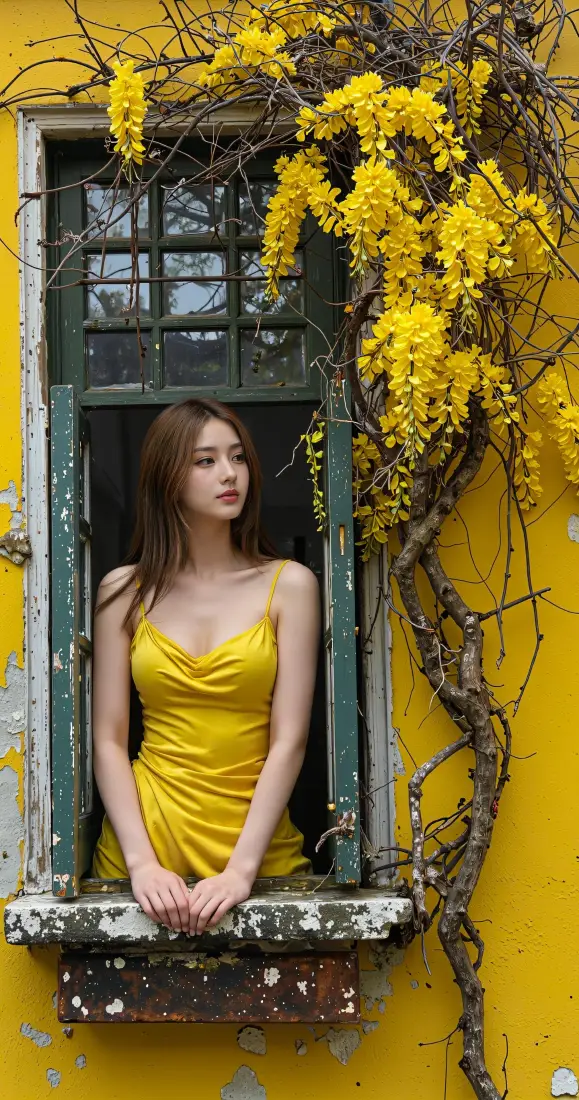 黄裙美女手机壁纸｜花藤黄墙背景图片 - 窗边氛围感人像「哲风壁纸」