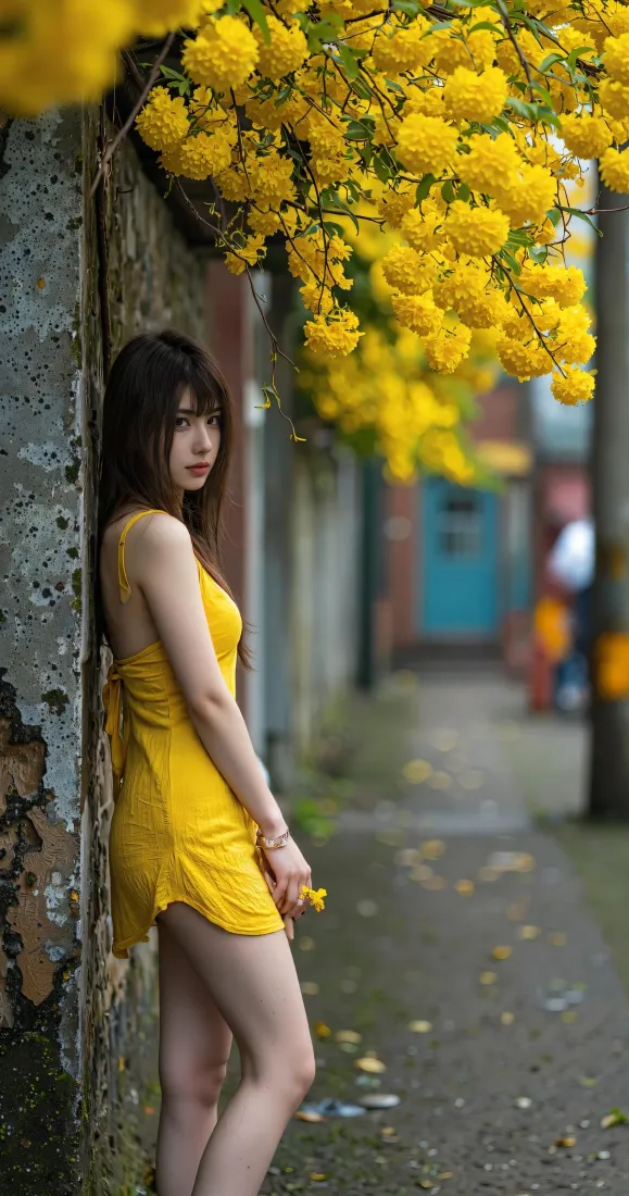 黄裙少女手机壁纸｜老巷黄花背景图片 - 清新氛围感人像「哲风壁纸」