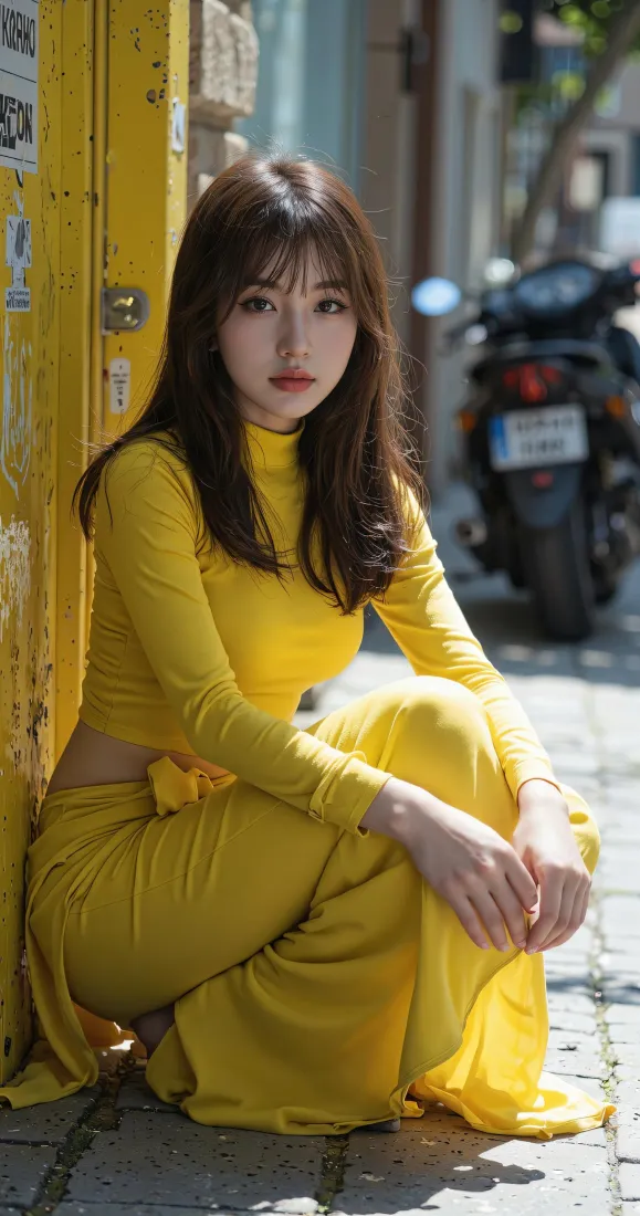 黄衣美女手机壁纸｜街道背景图片 - 时尚人像「哲风壁纸」