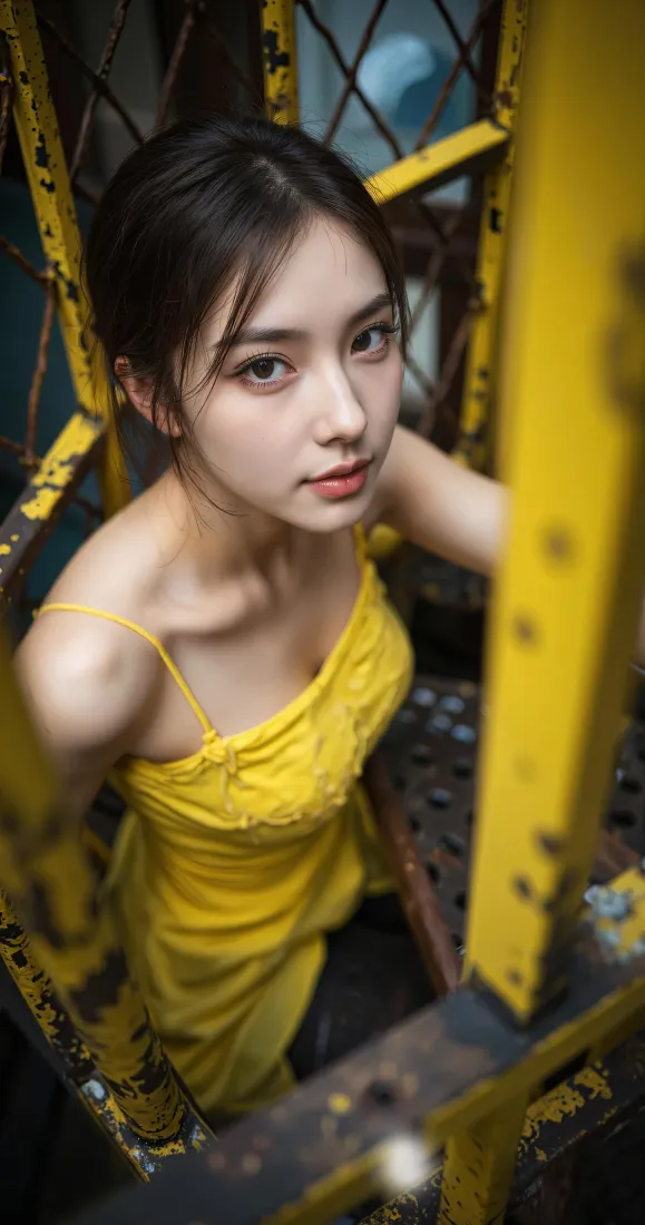 黄色吊带裙美女手机壁纸｜工业风钢架背景图片 - 氛围感时尚写真「哲风壁纸」