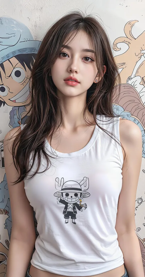 长发美女手机壁纸｜白背心乔巴印花背景图片 - 海贼王涂鸦墙「哲风壁纸」