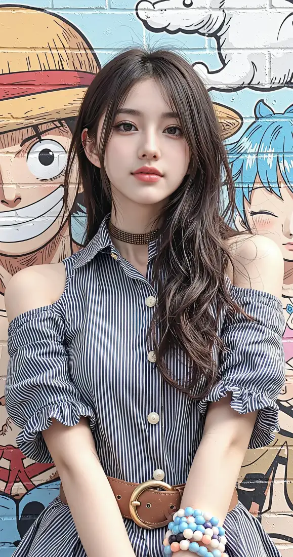 长发美女手机壁纸｜海贼王涂鸦背景图片 - 时尚露肩穿搭「哲风壁纸」