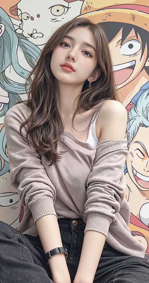 卷发美女手机壁纸｜漫画墙背景图片 - 休闲氛围感穿搭「哲风壁纸」
