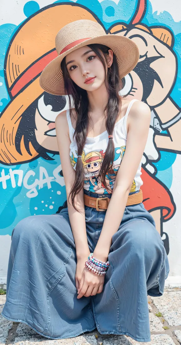 草帽美女手机壁纸｜路飞涂鸦墙背景图片 - 夏日清新穿搭「哲风壁纸」