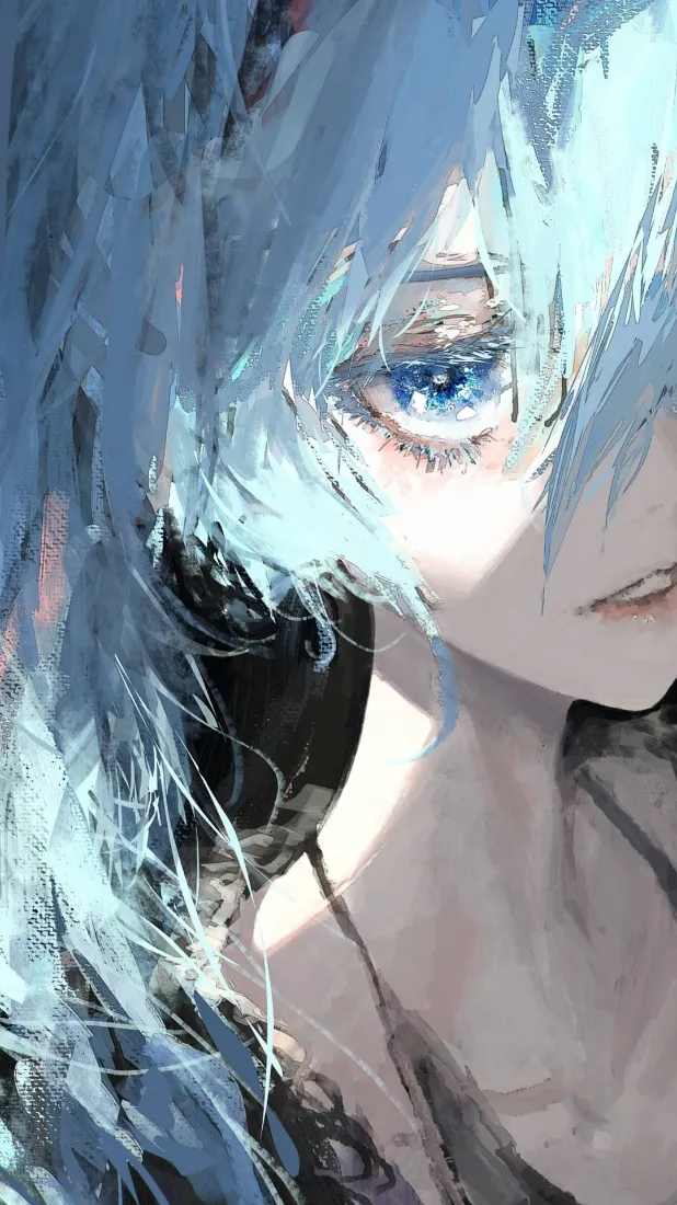 蓝发二次元少女手机壁纸｜冷调插画背景图片 - 动漫人物「哲风壁纸」