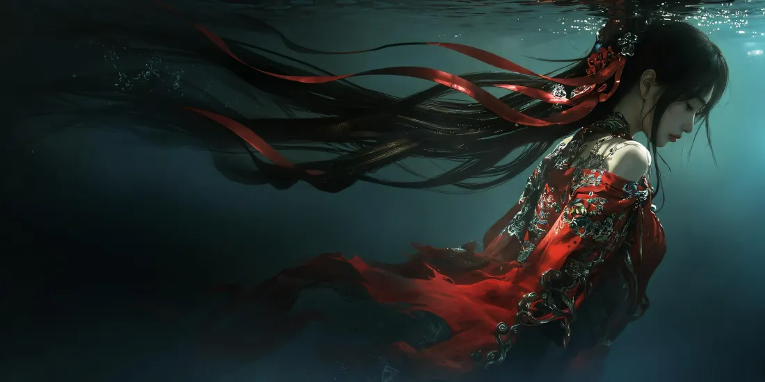 2k古风红衣少女壁纸｜水下场景背景图片 - 二次元插画「哲风壁纸」