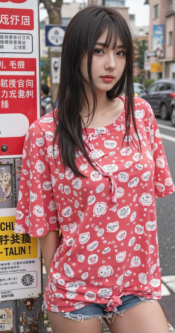 黑长直美女手机壁纸｜红色印花T恤背景图片 - 日系街头写真「哲风壁纸」