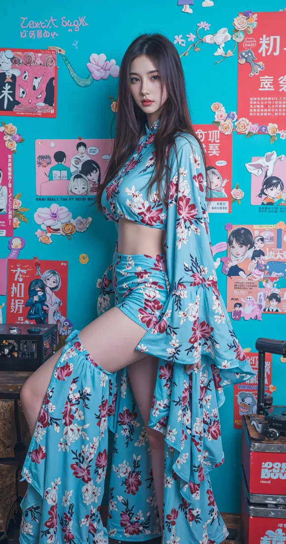 气质长发美女手机壁纸｜蓝色印花背景图片 - 氛围感人像「哲风壁纸」