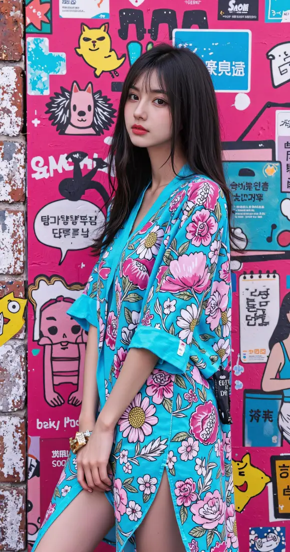 长发美女手机壁纸｜粉色涂鸦墙背景图片 - 蓝色印花穿搭街拍「哲风壁纸」