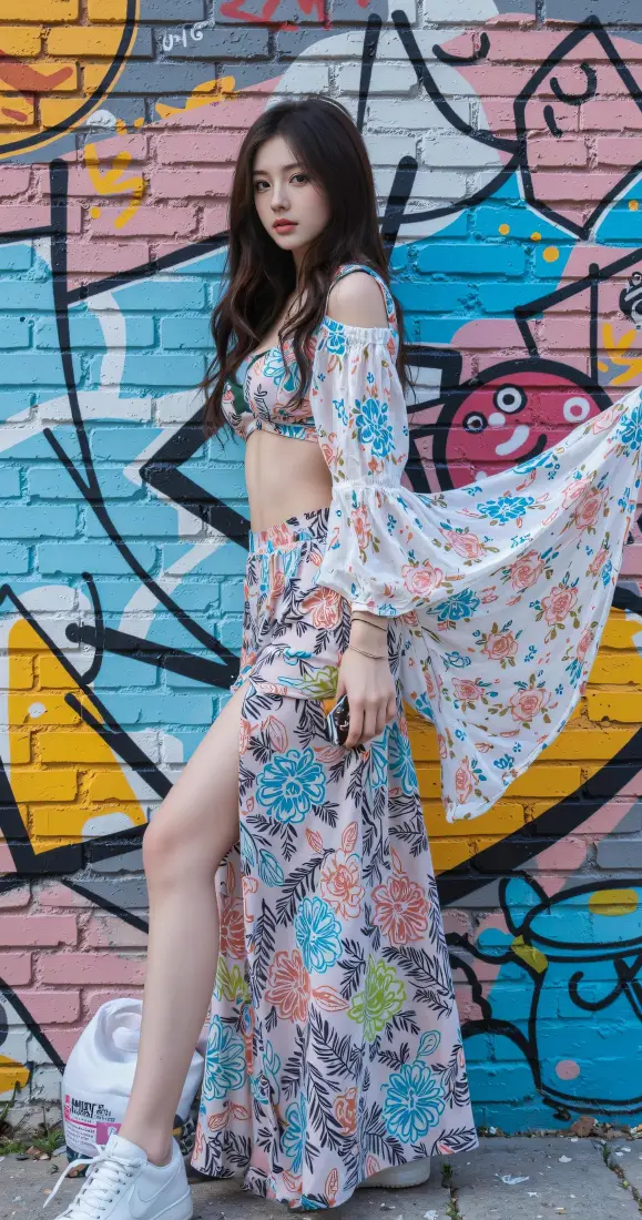 美女手机壁纸｜涂鸦墙背景图片 - 碎花露肩长裙时尚写真「哲风壁纸」