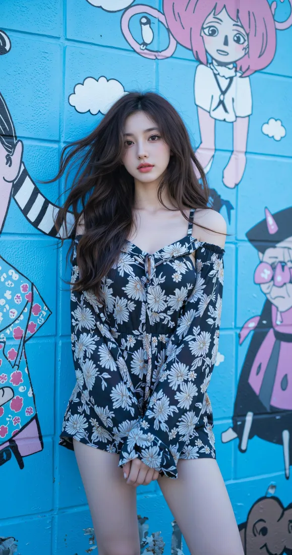 长发美女手机壁纸｜蓝色涂鸦墙背景图片 - 时尚碎花露肩穿搭「哲风壁纸」