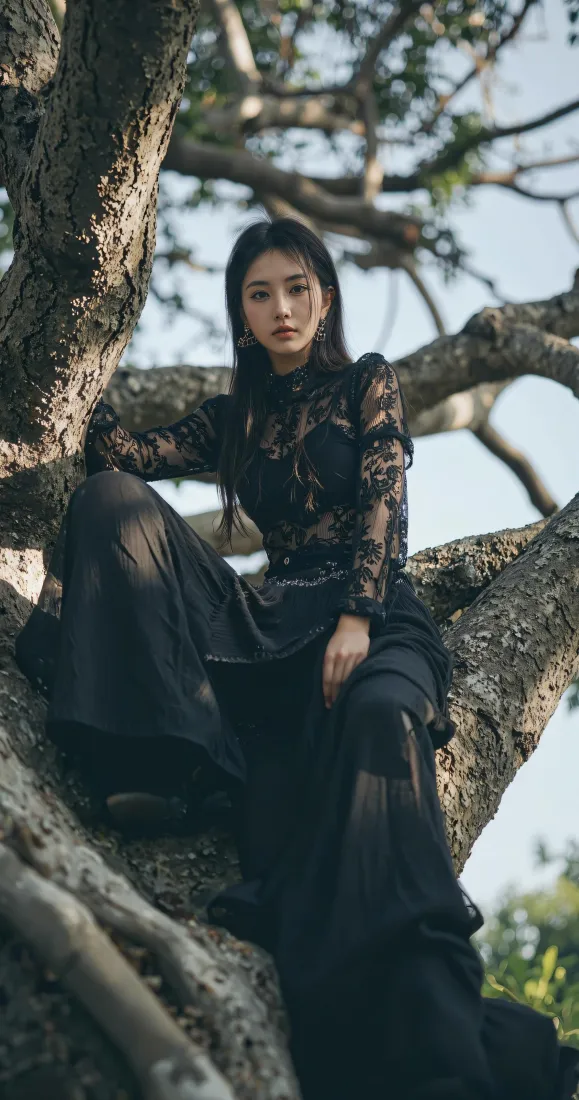 黑裙美女手机壁纸｜树干栖坐背景图片 - 清冷氛围感户外写真「哲风壁纸」
