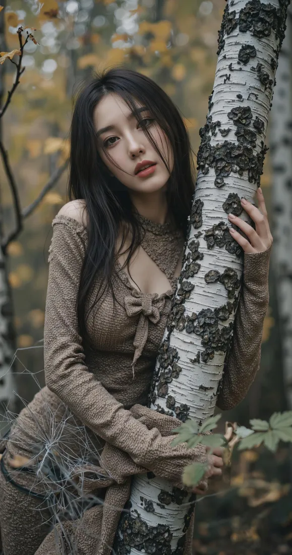长发美女手机壁纸｜秋日白桦林背景图片 - 氛围感写真「哲风壁纸」