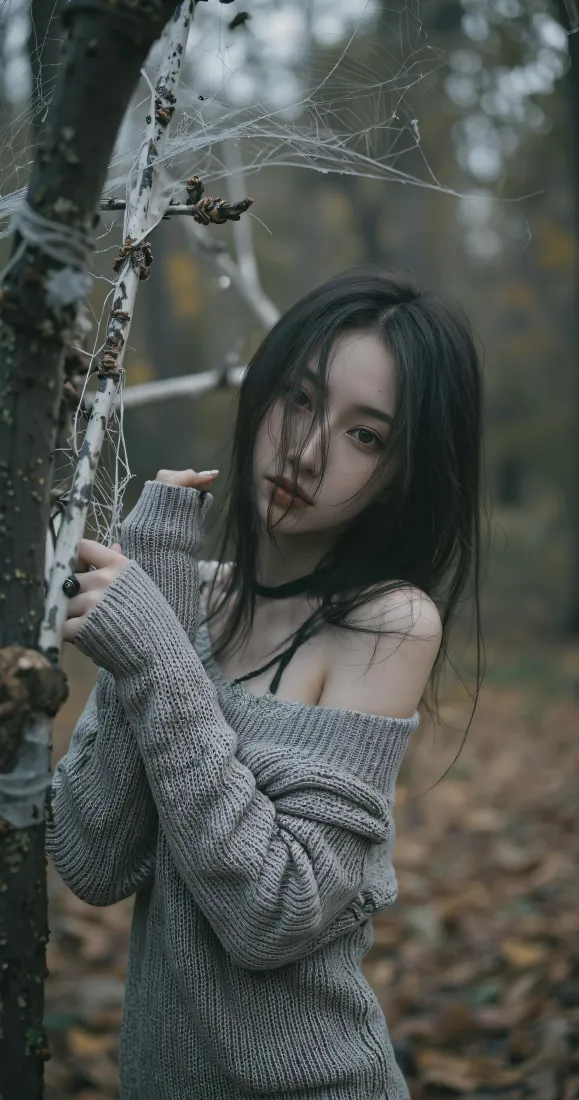 丧系少女手机壁纸｜树林枯叶背景图片 - 清冷氛围感写真「哲风壁纸」
