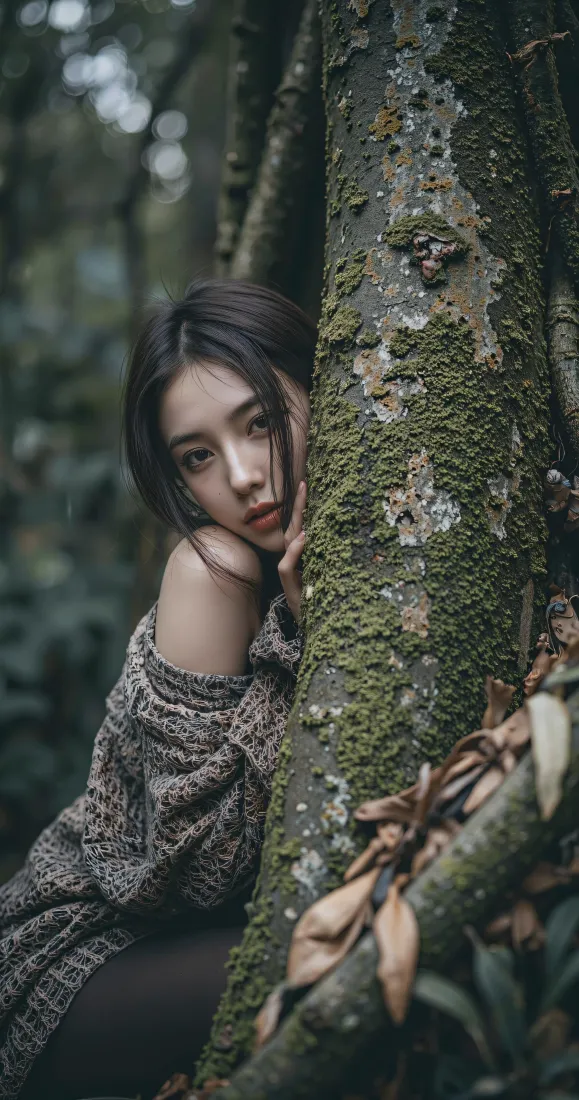 森系清冷美女手机壁纸｜森林树干背景图片 - 氛围感人像「哲风壁纸」