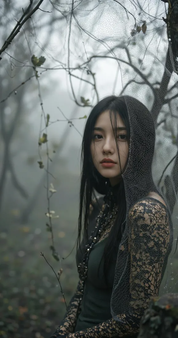 清冷长发美女手机壁纸｜雾林背景图片 - 暗系氛围感人像「哲风壁纸」