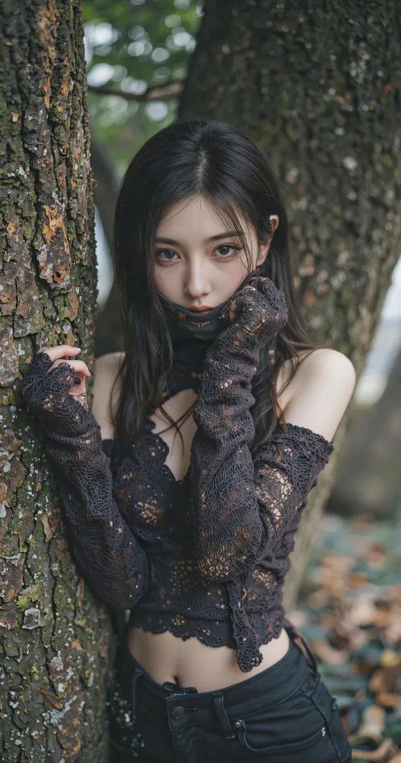 暗黑系美女手机壁纸｜户外树林背景图片 - 氛围感人像「哲风壁纸」