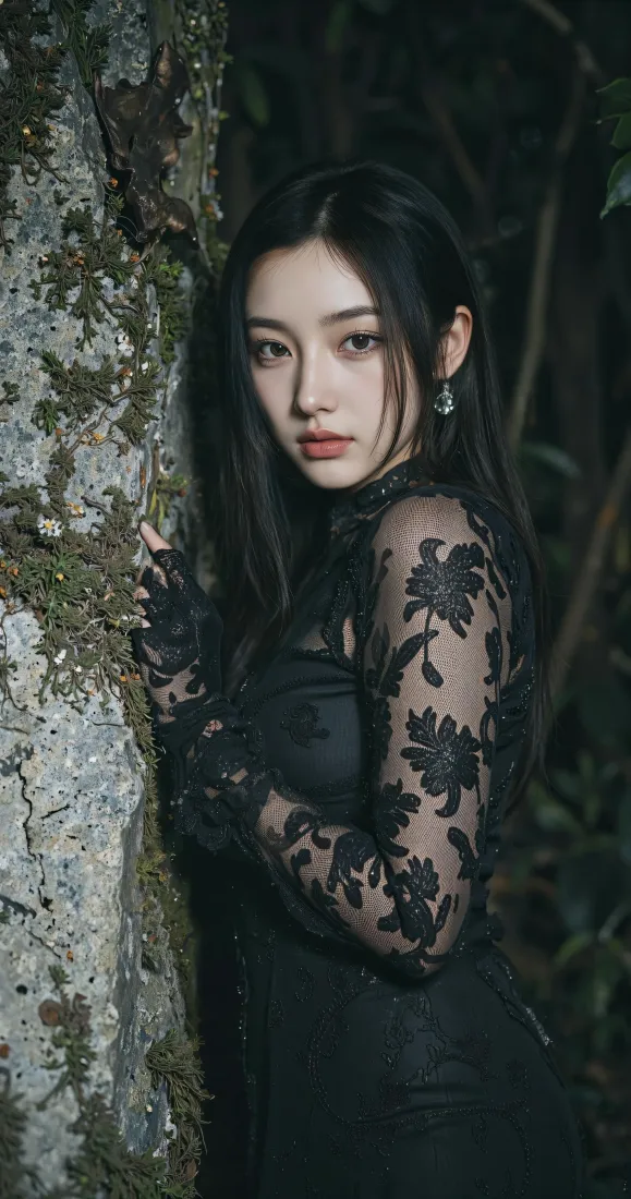 冷艳黑裙美女手机壁纸｜暗夜森林背景图片 - 暗黑风气质人像「哲风壁纸」