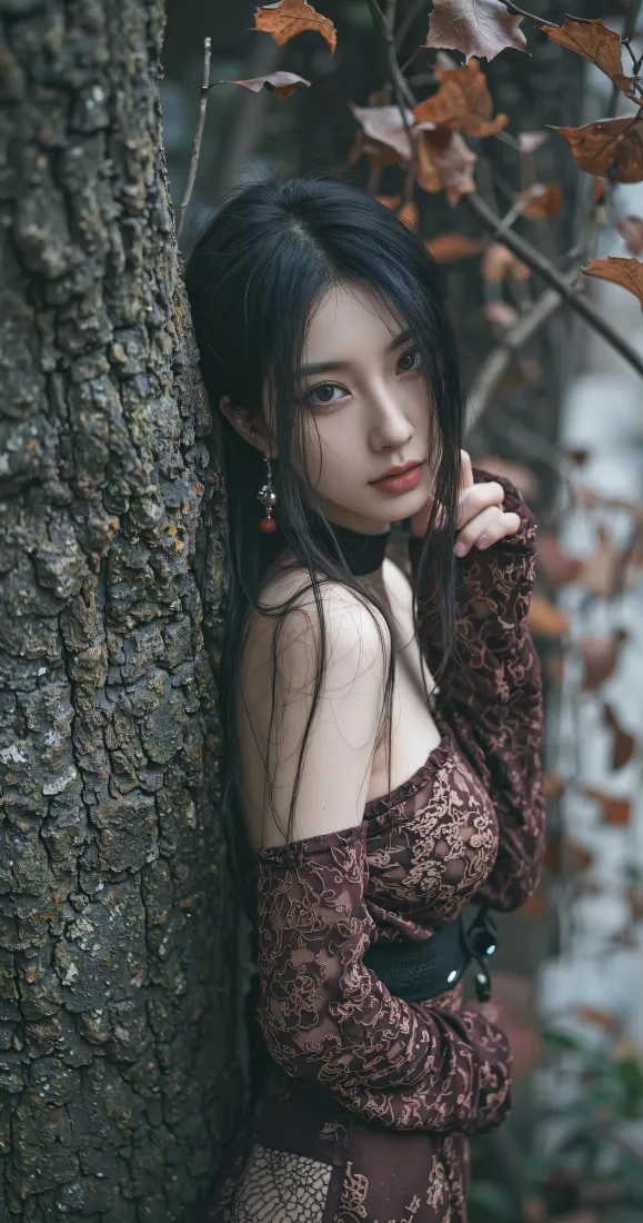 清冷美女手机壁纸｜秋日树林背景图片 - 氛围感人像写真「哲风壁纸」