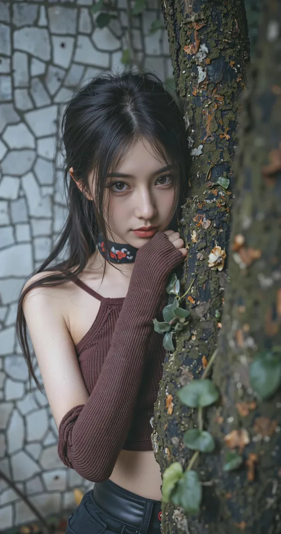 氛围感美女手机壁纸｜砖墙绿植背景图片 - 时尚甜酷辣妹写真「哲风壁纸」
