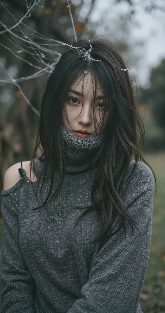长发美女手机壁纸｜户外清冷感背景图片 - 露肩高领穿搭「哲风壁纸」