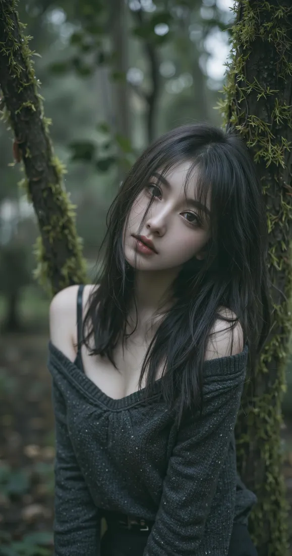 清冷森系美女手机壁纸｜幽暗森林背景图片 - 氛围感人像写真「哲风壁纸」