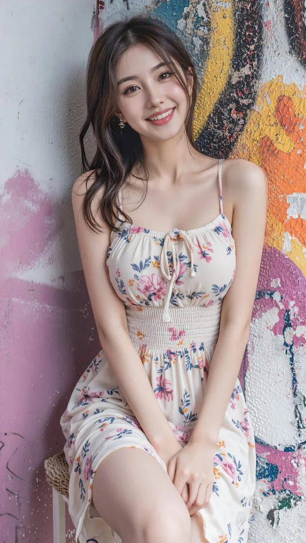 碎花吊带裙美女手机壁纸｜涂鸦墙背景图片 - 甜美写真「哲风壁纸」
