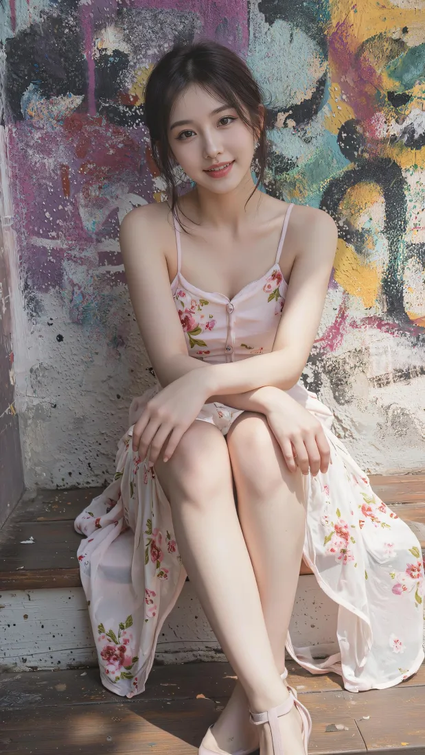 甜美美女手机壁纸｜涂鸦墙背景图片 - 温柔吊带裙写真「哲风壁纸」