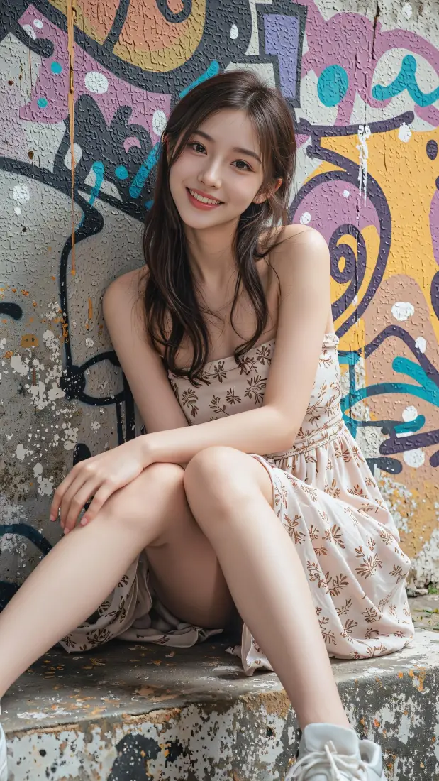 甜美少女手机壁纸｜涂鸦墙碎花裙背景图片 - 户外清新人像「哲风壁纸」