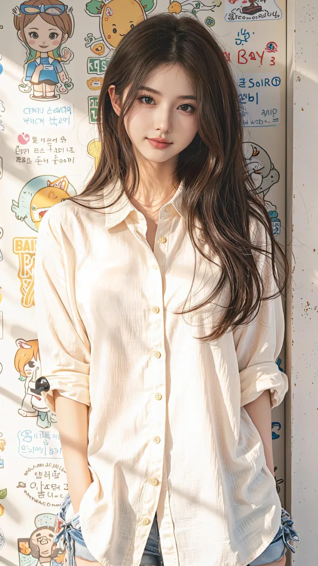 长发美女手机壁纸｜涂鸦墙暖光背景图片 - 时尚氛围感人像「哲风壁纸」
