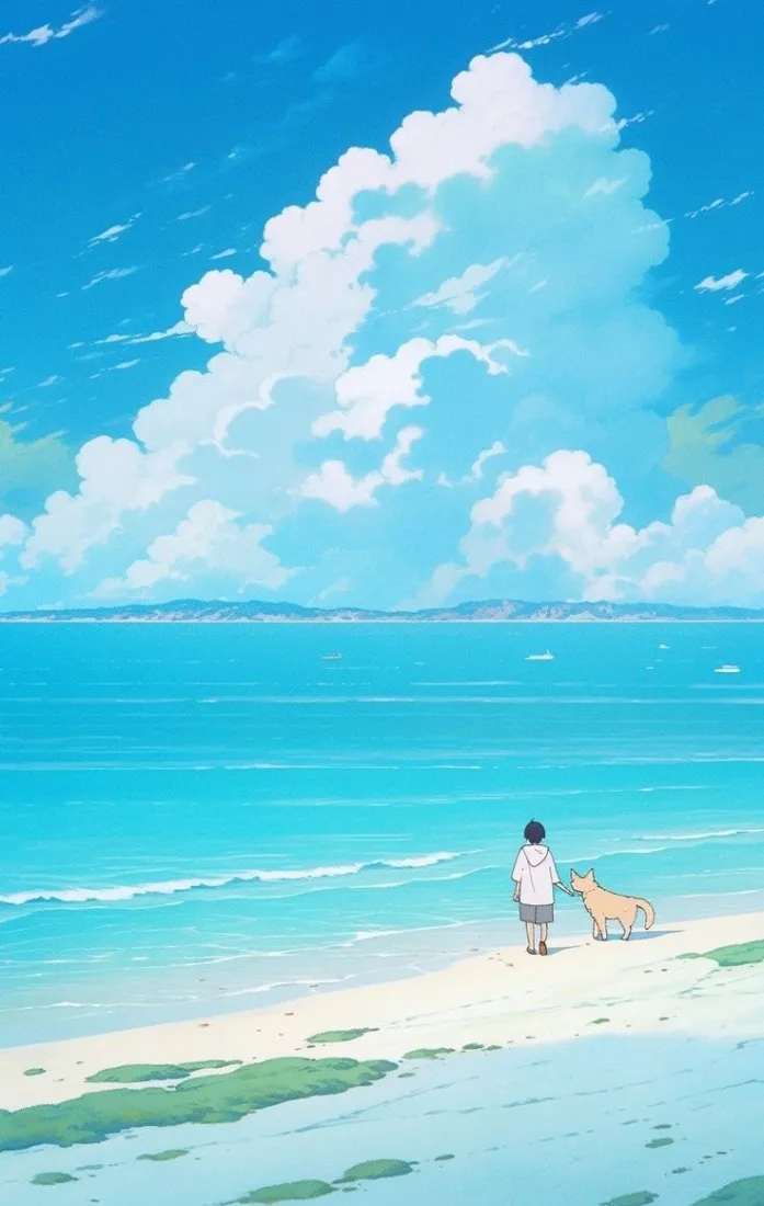 海边少年手机壁纸｜动漫治愈背景图片 - 蔚蓝海岸「哲风壁纸」