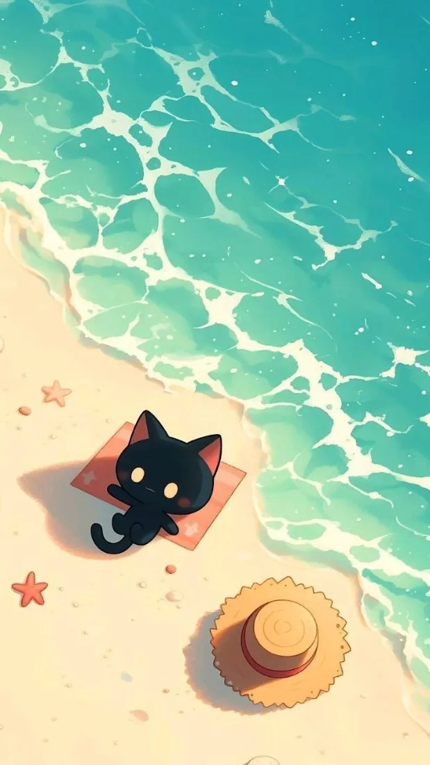 黑猫手机壁纸｜夏日海边沙滩背景图片 - 可爱治愈卡通插画「哲风壁纸」