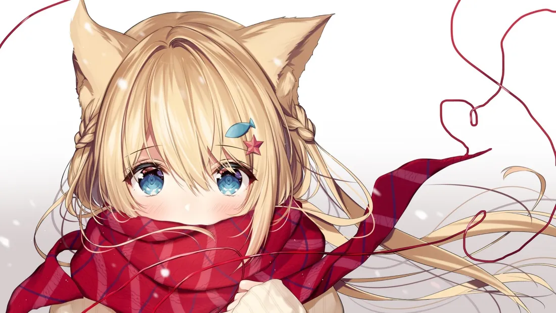 2k猫耳少女壁纸｜红围巾金发背景图片 - 萌系二次元「哲风壁纸」