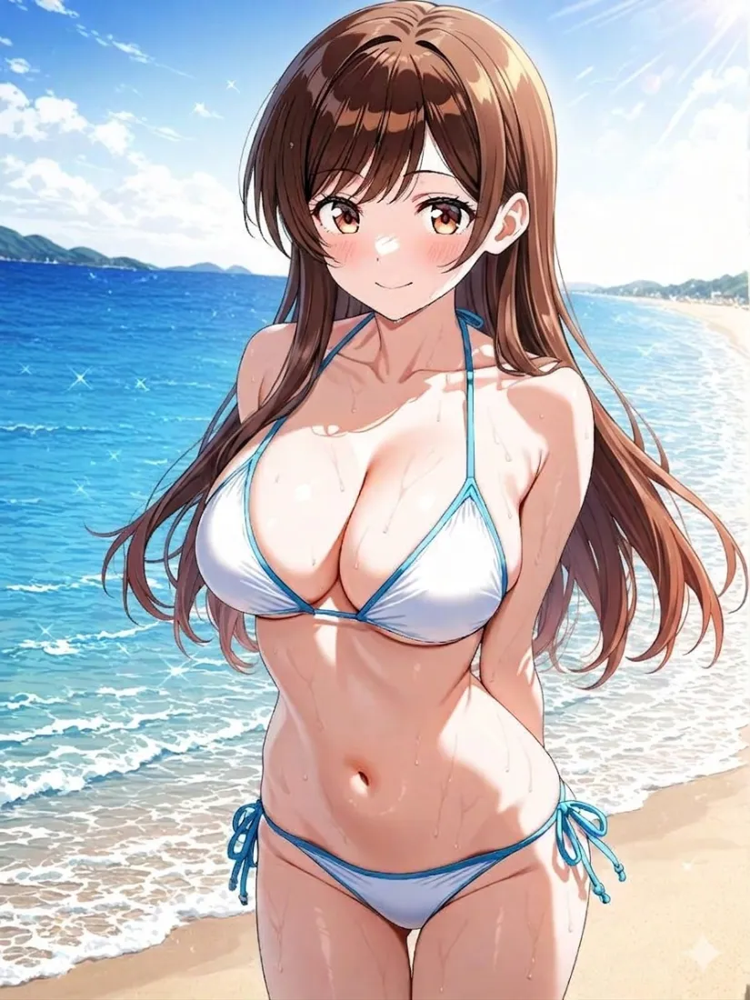 水原千鹤手机壁纸｜海边泳装背景图片 - 租借女友动漫「哲风壁纸」