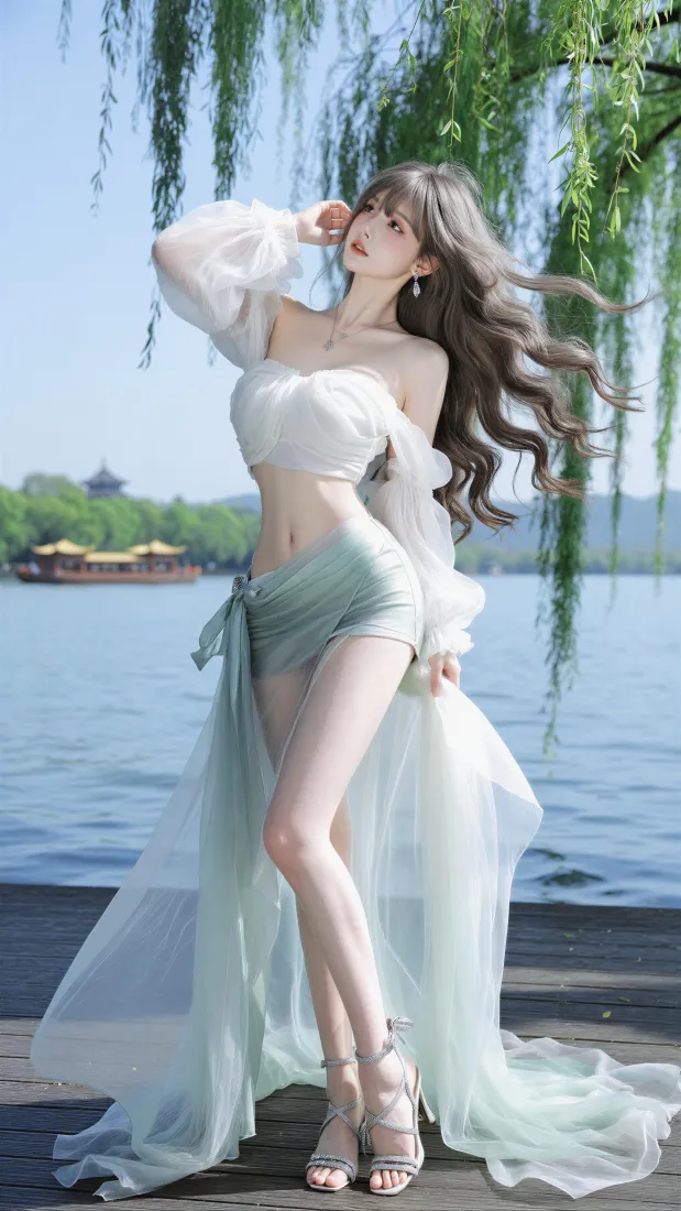 湖边美女手机壁纸｜湖畔垂柳背景图片 - 浅绿纱裙氛围感写真「哲风壁纸」