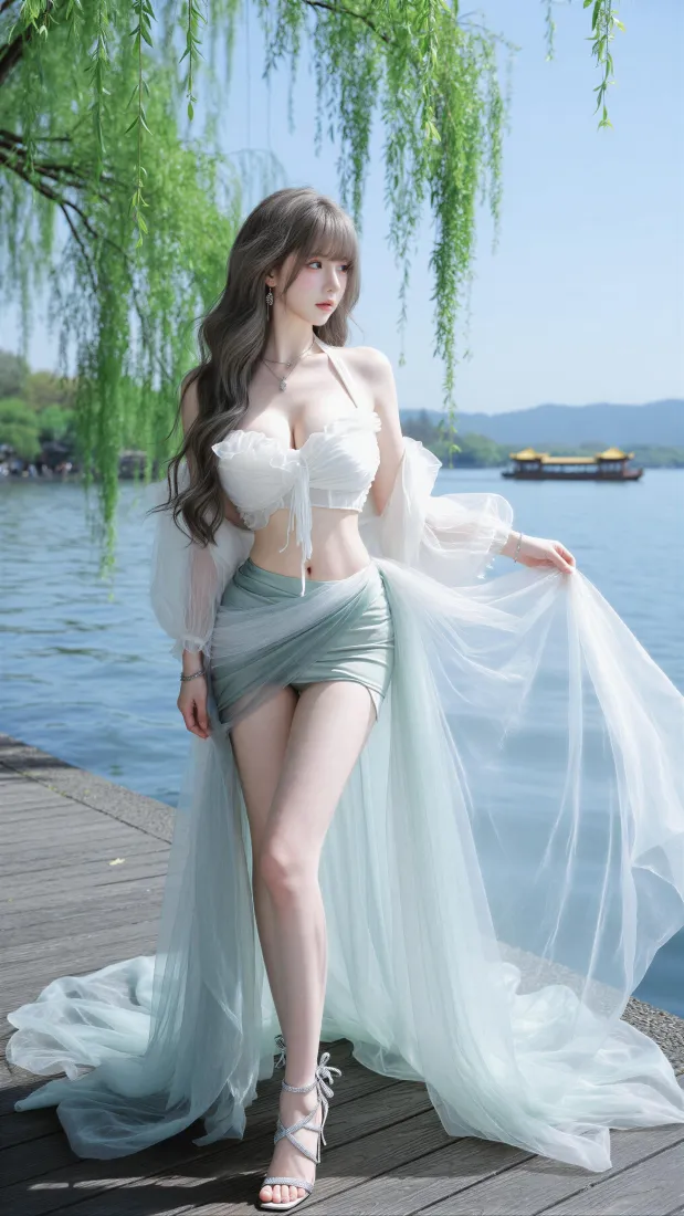 湖边美女手机壁纸｜湖水柳树背景图片 - 白纱时尚穿搭「哲风壁纸」