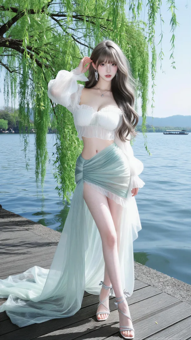 二次元性感美女手机壁纸｜湖边柳树背景图片 - 清新穿搭「哲风壁纸」