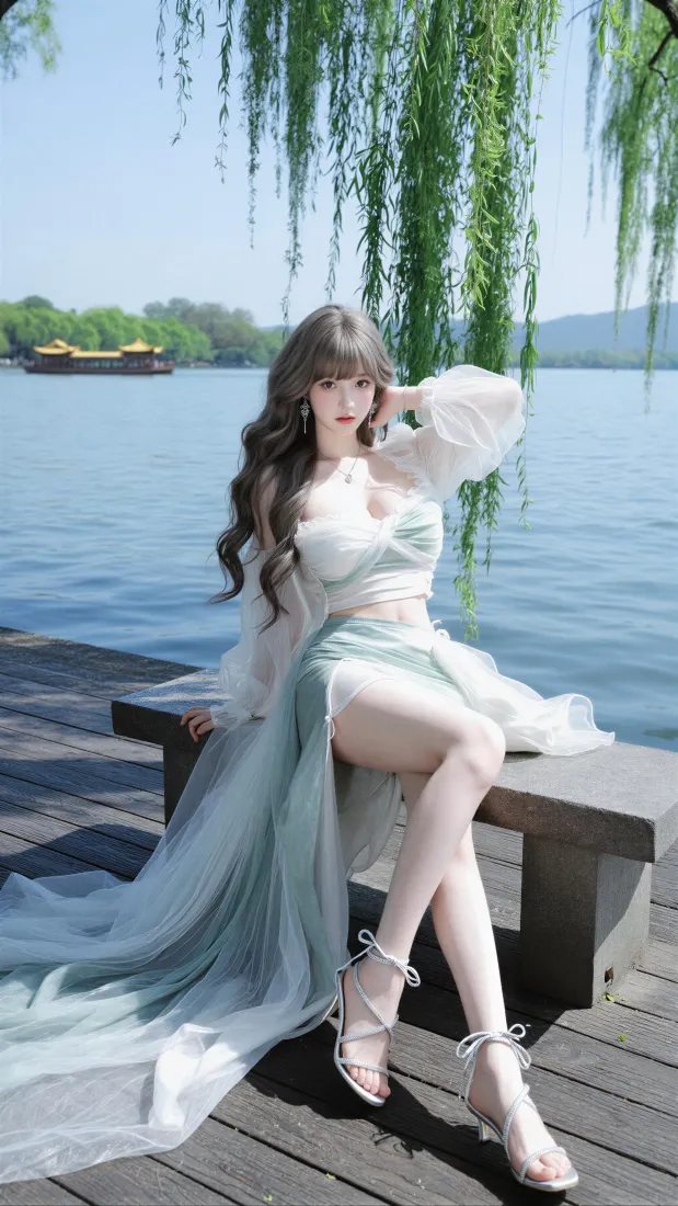 绿裙卷发美女手机壁纸｜湖边柳树背景图片 - 户外清新人像写真「哲风壁纸」