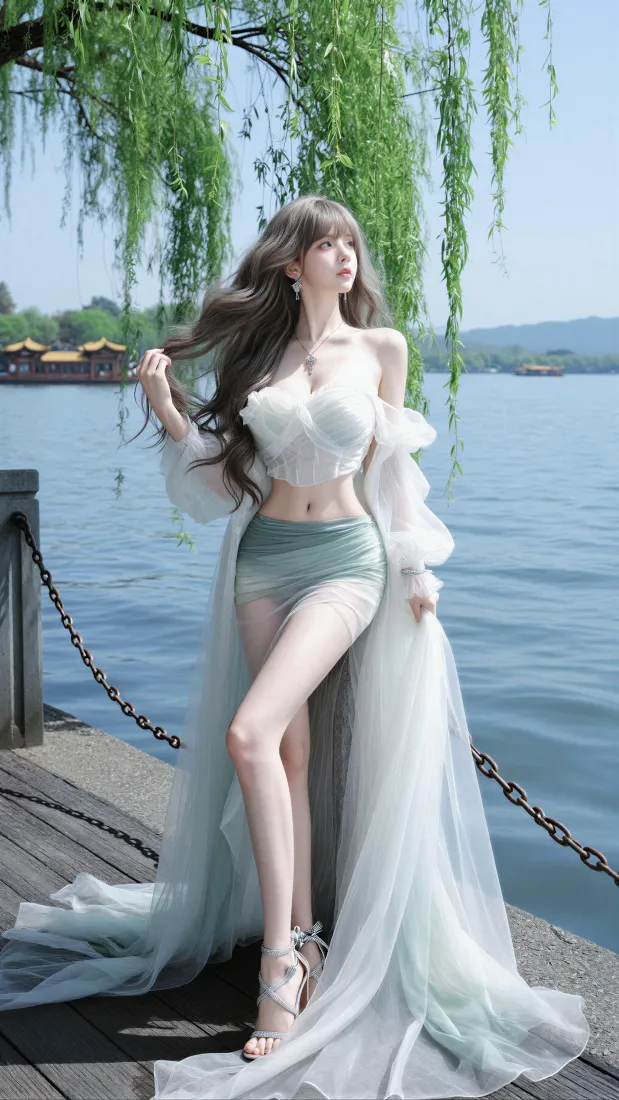 白裙美女手机壁纸｜湖边垂柳背景图片 - 清新氛围感写真「哲风壁纸」