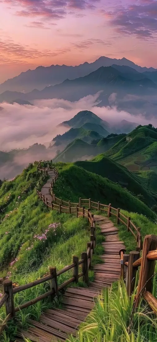 高山云海手机壁纸｜山间栈道群山背景图片 - 自然治愈风光「哲风壁纸」